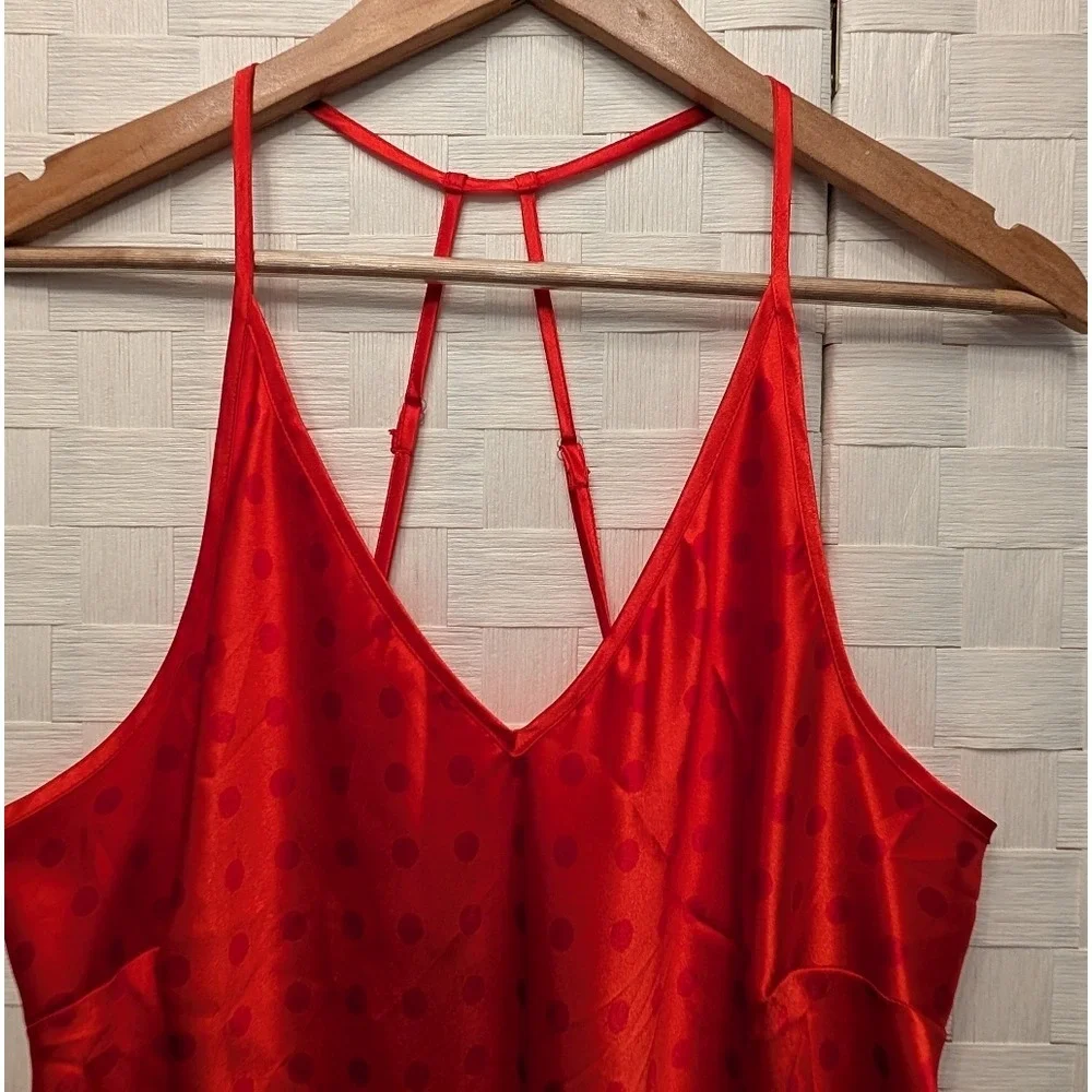 Cacique Red Polka Dot Satin‎ Chemise Lace Trim Caged Back Nightgown 14/16